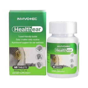 Healthear hearing support supplement box and bottle, 60 tablets