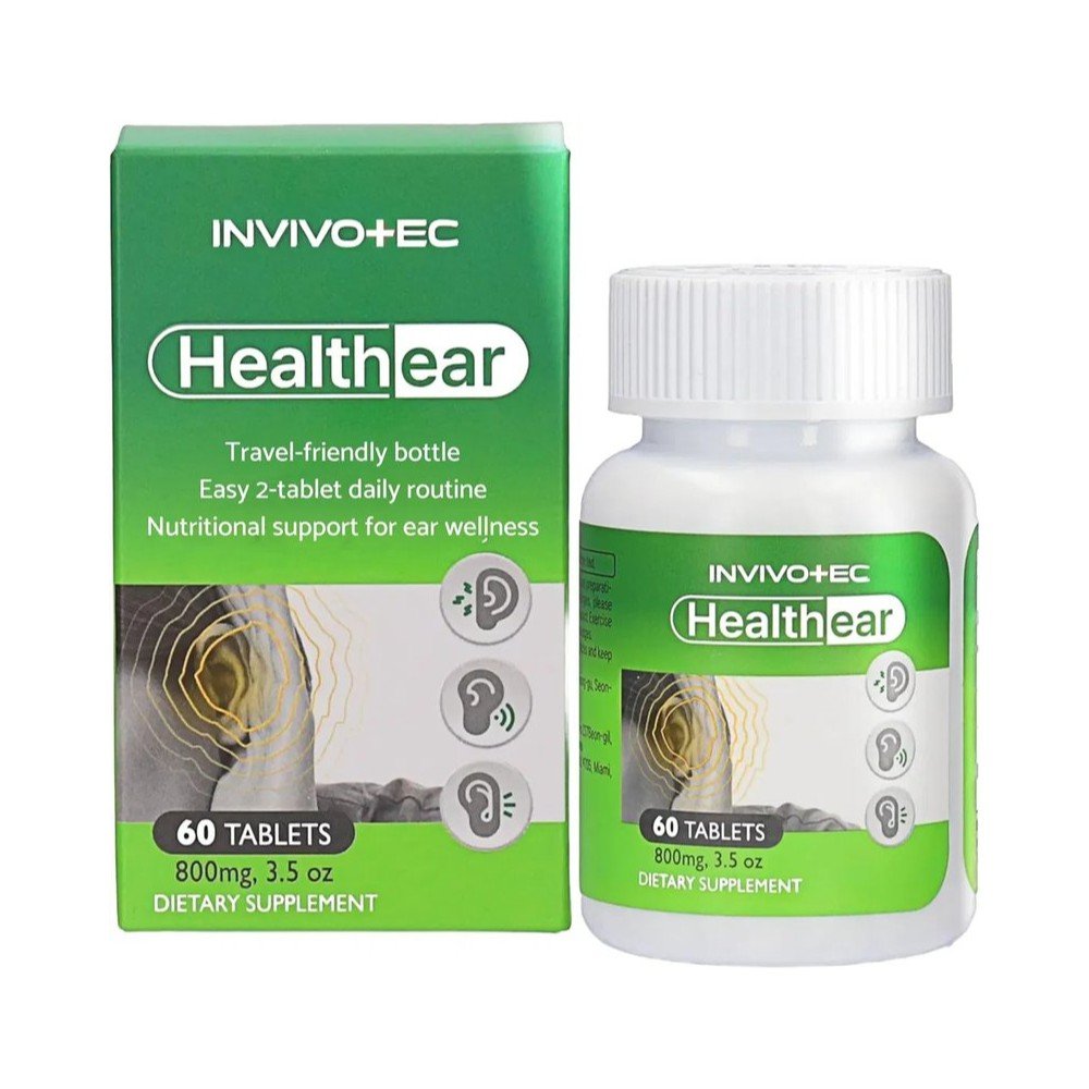 Healthear hearing support supplement box and bottle, 60 tablets